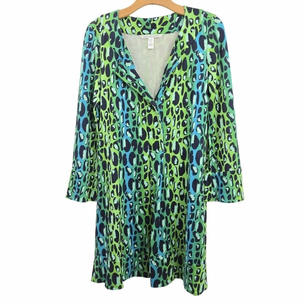 Diane Von Furstenberg Shift Dress size 10 Green Leopard Gaby Print Silk Pockets